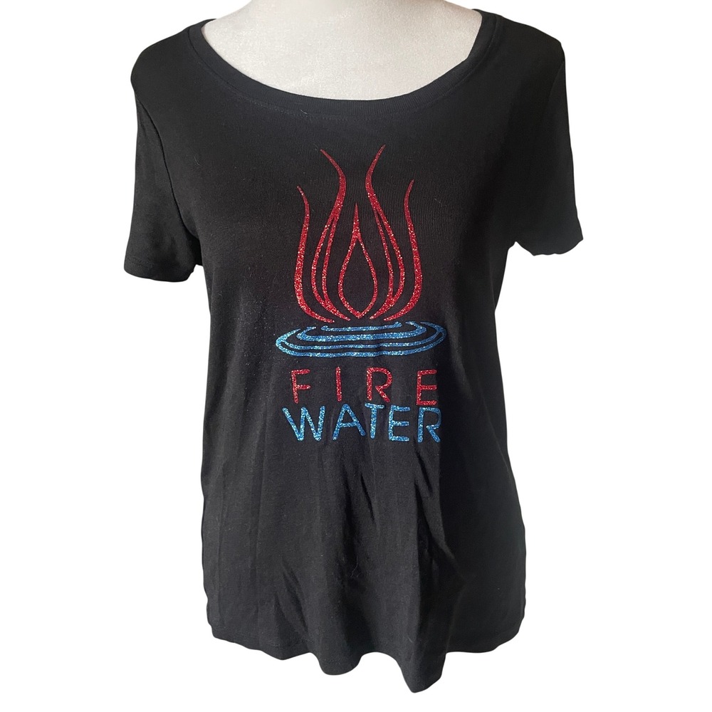 Joan Vass Womens Elemental Fire Water Glitter Graphic Tee Size‎ M Black Sparkle